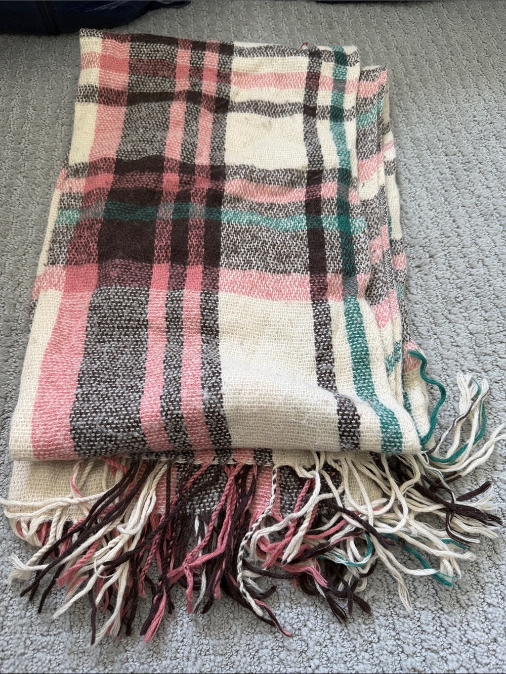 Cozy Plaid Fringe Throw Blanket in Pink, Cream & Teal
